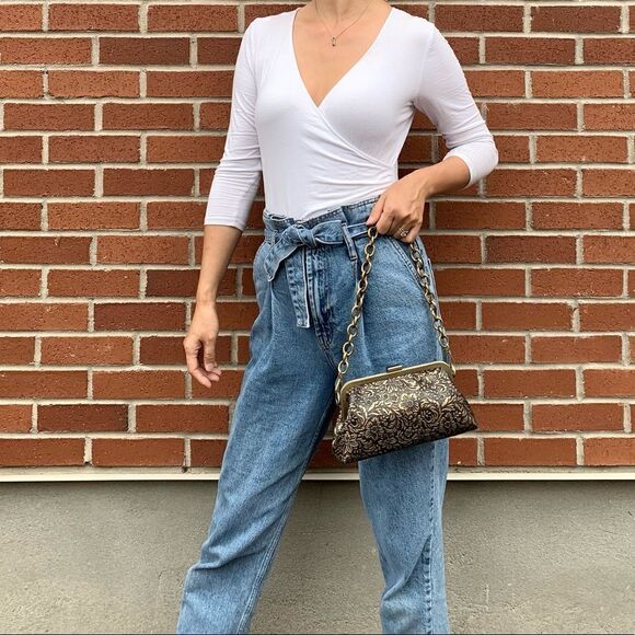 Handmade Floral  Embossed Cowhide Push Lock Clutch, Shoulder Bag, Crossbody - Picture 8 of 16